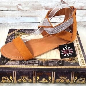 NWT, Olivia Miller, tan, clear bling sandle, cris cross bling strap, back zipper